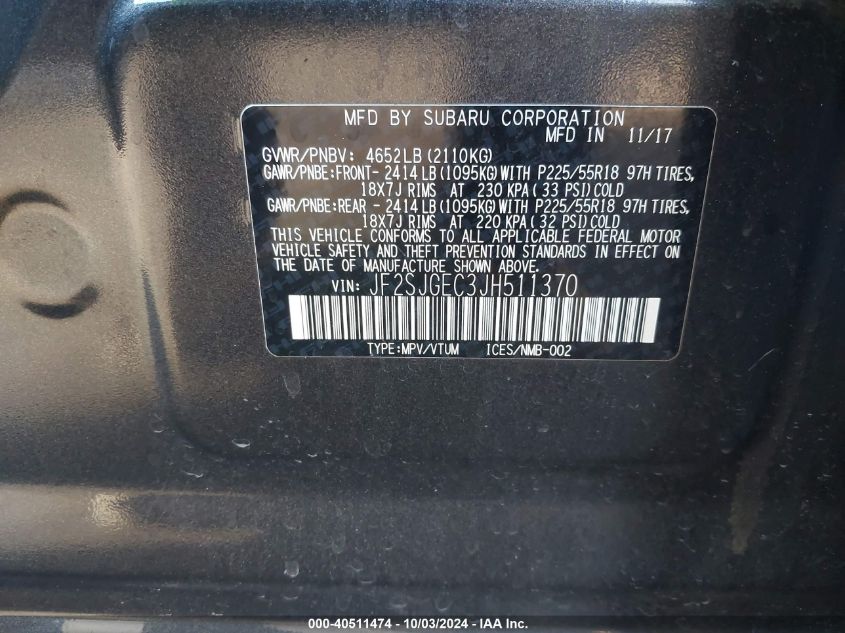 JF2SJGEC3JH511370 2018 Subaru Forester 2.0Xt Premium