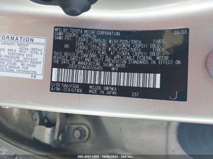 JTEGF21A630106405 2003 Toyota Highlander V6