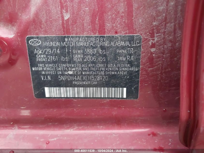 5NPDH4AEXEH528120 2014 Hyundai Elantra Se