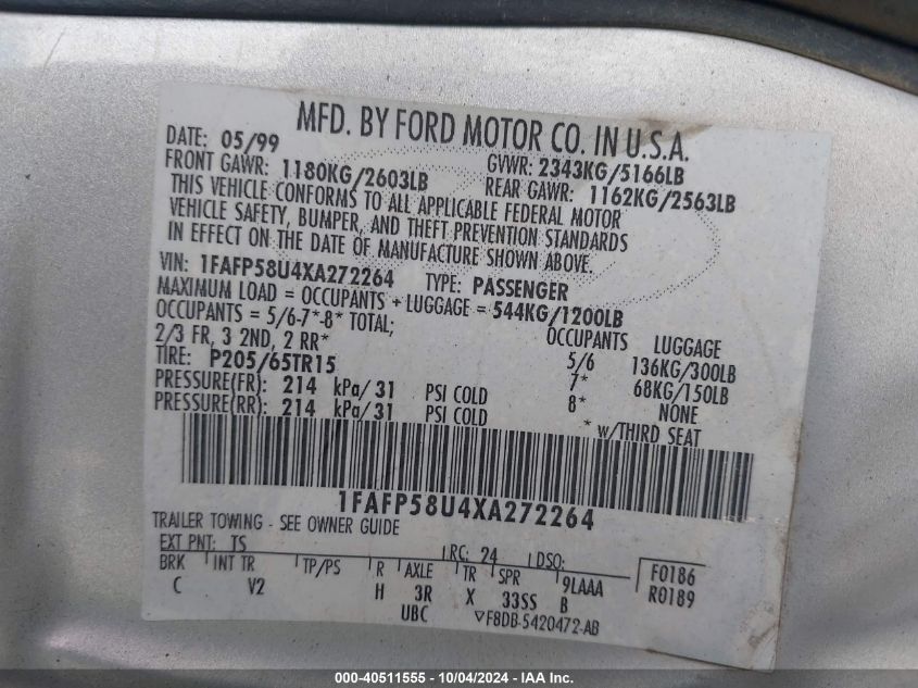 1999 Ford Taurus Se VIN: 1FAFP58U4XA272264 Lot: 40511555