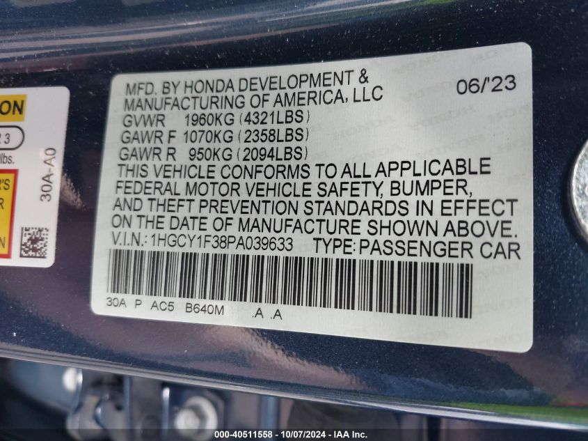 1HGCY1F38PA039633 2023 Honda Accord Ex