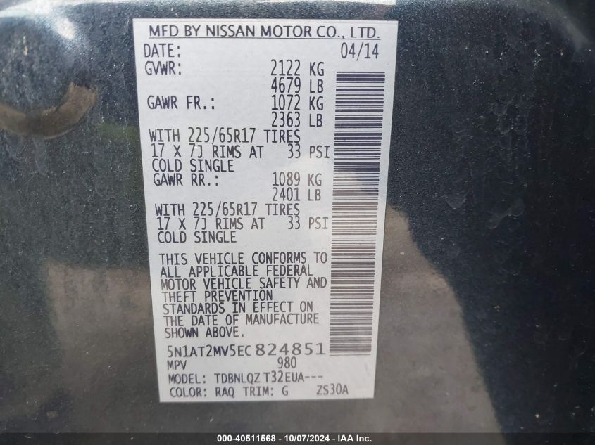 5N1AT2MV5EC824851 2014 Nissan Rogue Sv