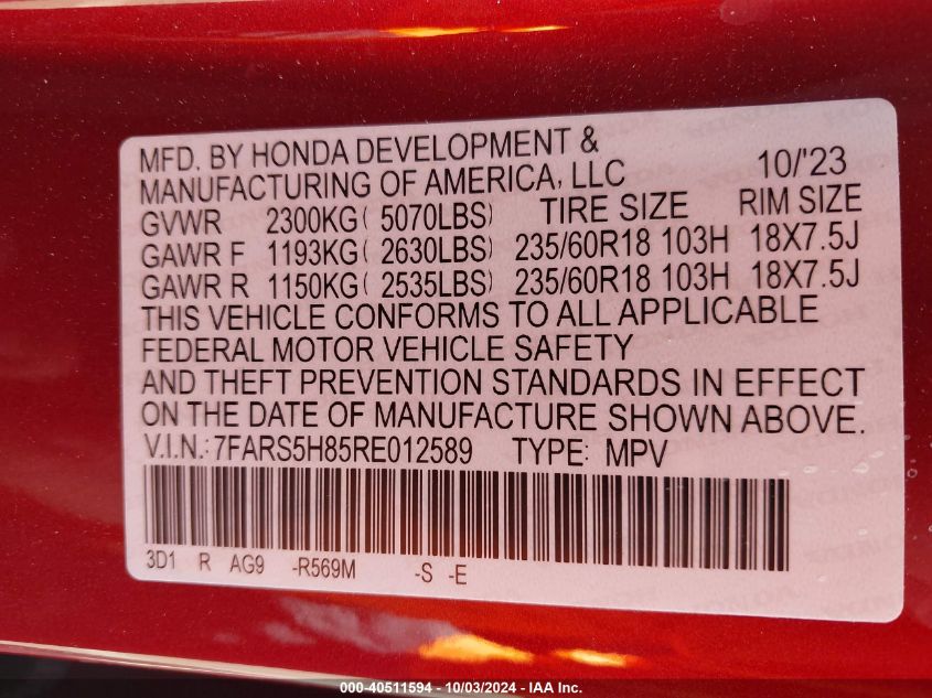 2024 Honda Cr-V Hybrid Sport-L VIN: 7FARS5H85RE012589 Lot: 40511594