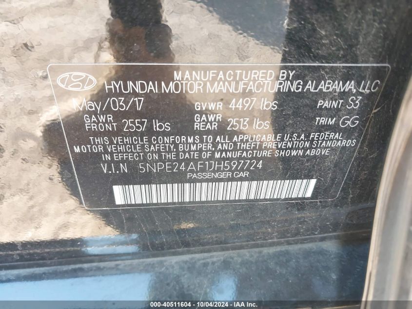 5NPE24AF1JH597724 2018 Hyundai Sonata Se