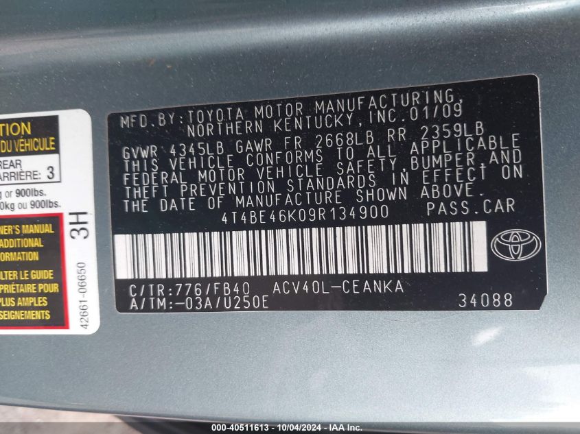 4T4BE46K09R134900 2009 Toyota Camry Le