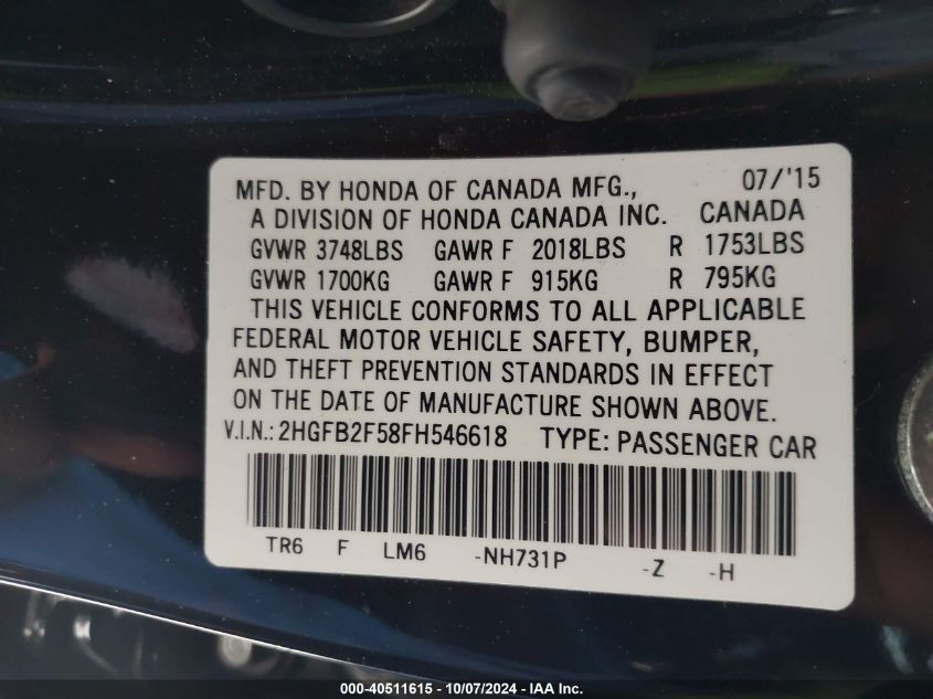 2HGFB2F58FH546618 2015 Honda Civic Lx