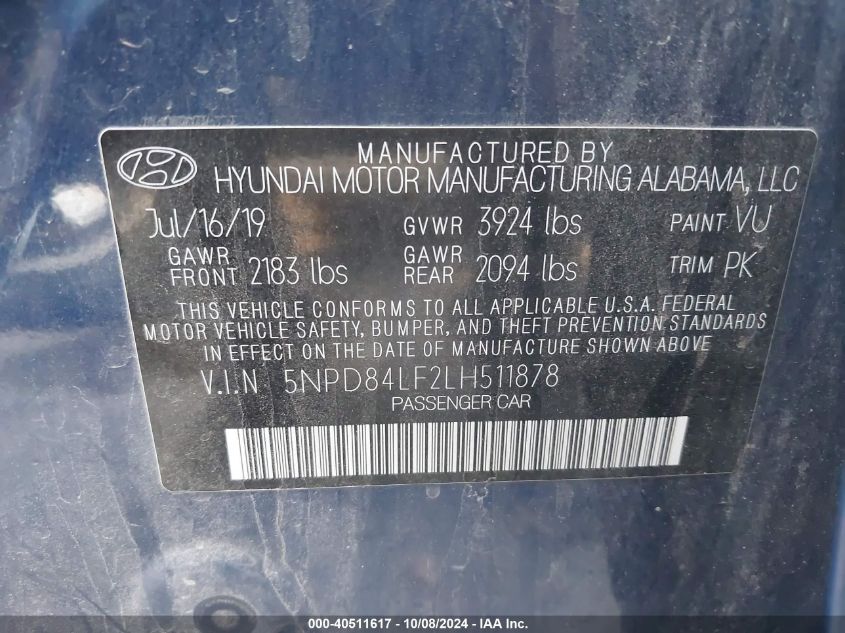 5NPD84LF2LH511878 2020 Hyundai Elantra Sel/Value/Limited