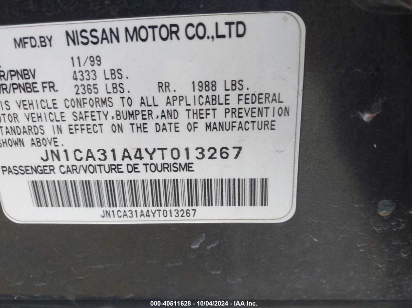 2000 Nissan Maxima Gle/Gxe/Se VIN: JN1CA31A4YT013267 Lot: 40511628