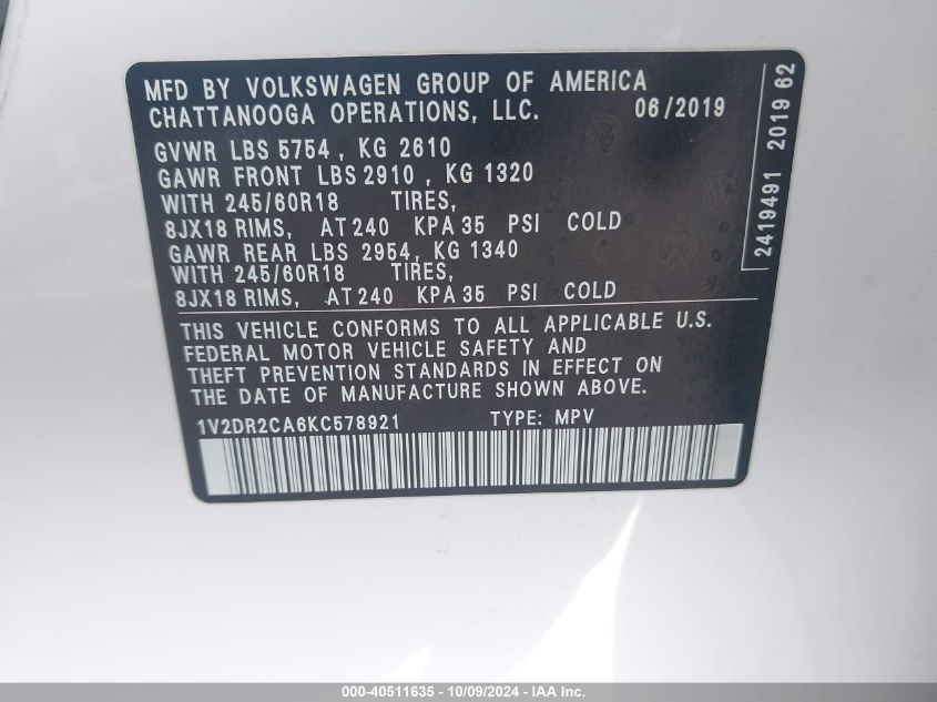 1V2DR2CA6KC578921 2019 Volkswagen Atlas 3.6L V6 Se