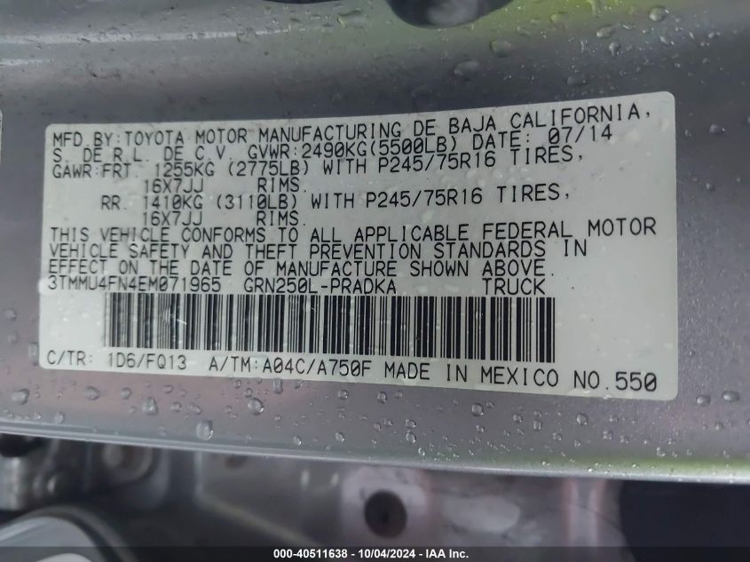 3TMMU4FN4EM071965 2014 Toyota Tacoma Base V6