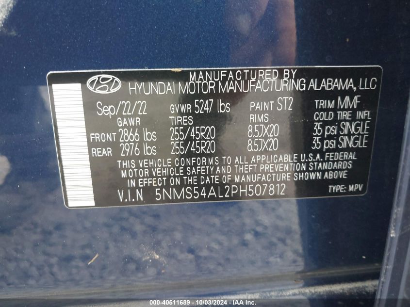 2023 Hyundai Santa Fe Calligraphy VIN: 5NMS54AL2PH507812 Lot: 40511689