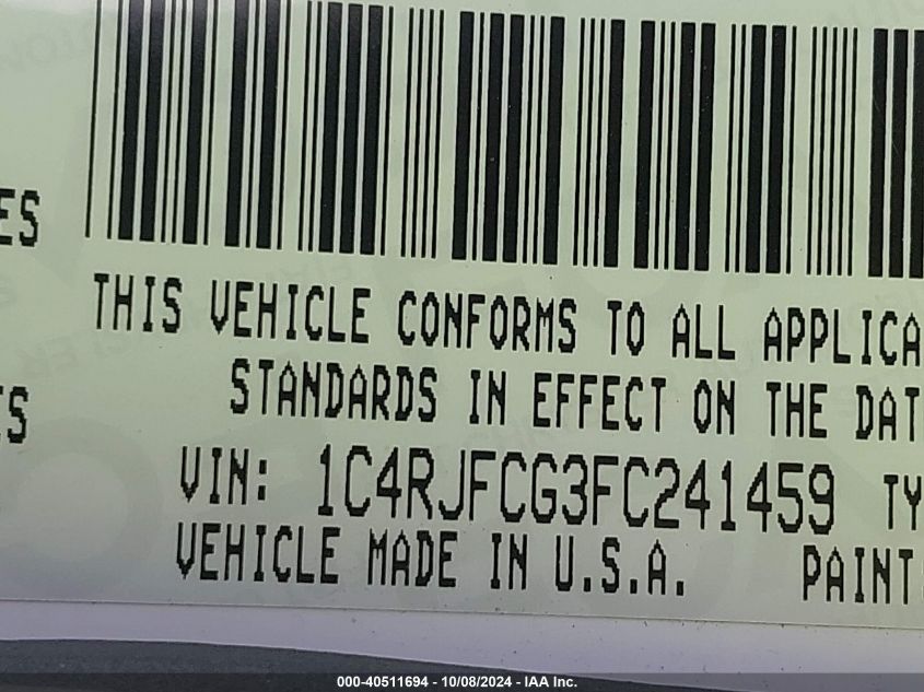 1C4RJFCG3FC241459 2015 Jeep Grand Cherokee High Altitude