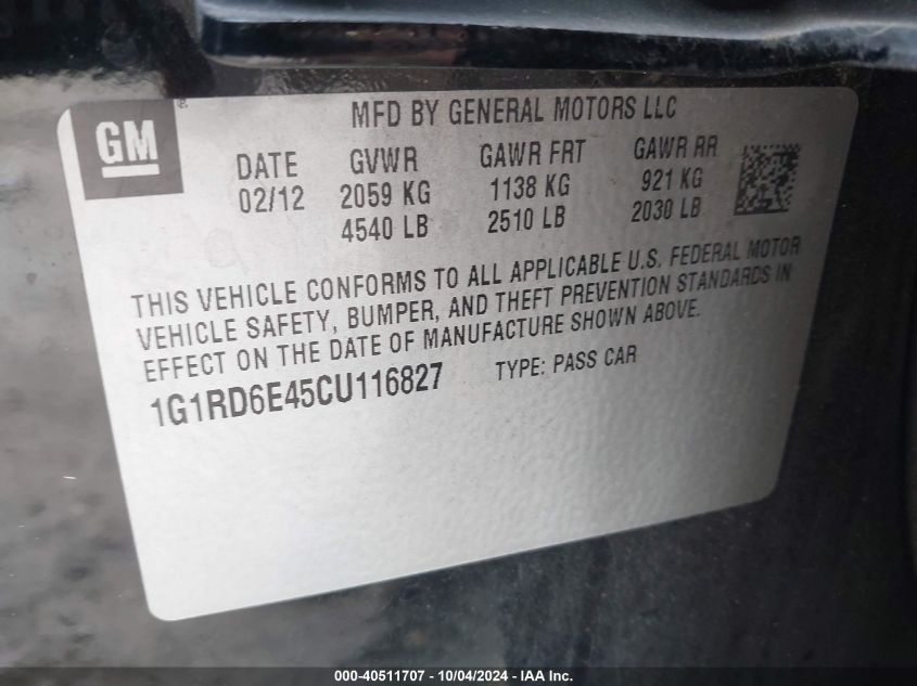 1G1RD6E45CU116827 2012 Chevrolet Volt