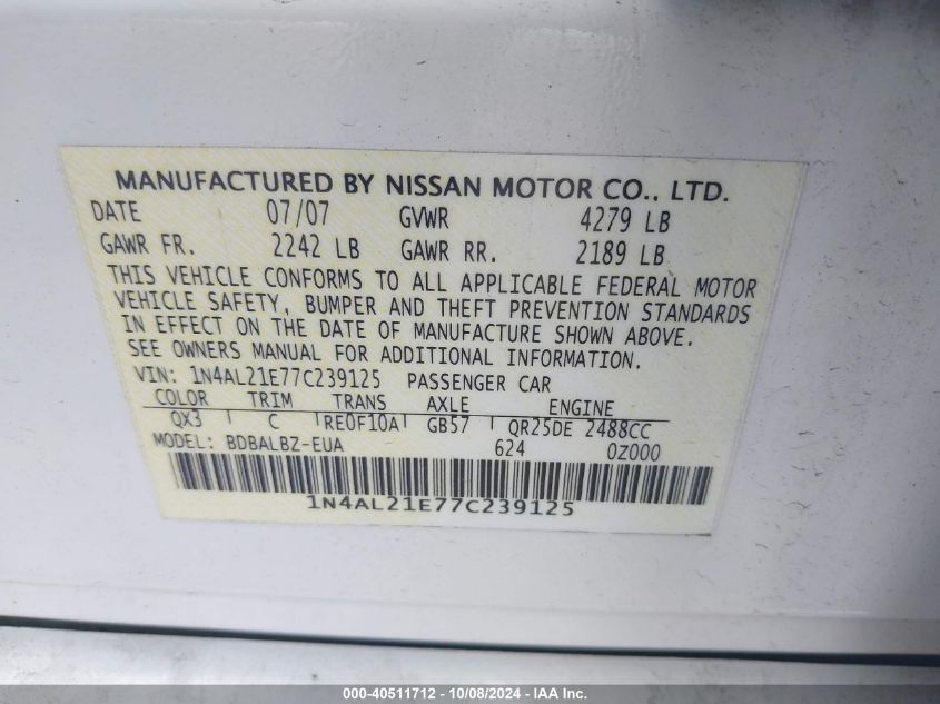 1N4AL21E77C239125 2007 Nissan Altima 2.5 S