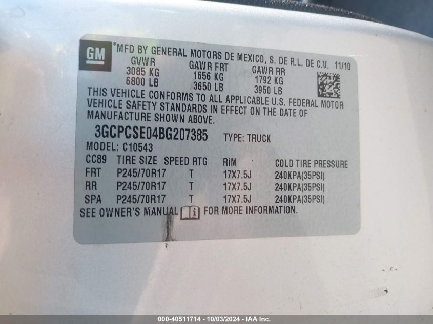 3GCPCSE04BG207385 2011 Chevrolet Silverado 1500 Lt