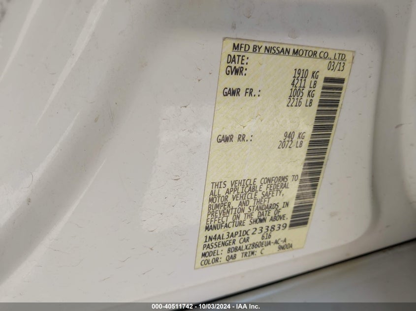 1N4AL3AP1DC233839 2013 Nissan Altima 2.5 Sl