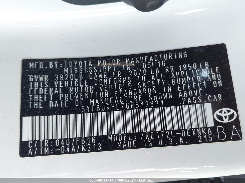 2016 TOYOTA COROLLA VIN: 5YFBURHE7GP513831