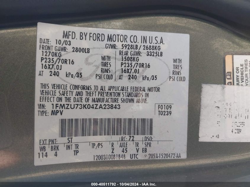 1FMZU73K04ZA23843 2004 Ford Explorer Nbx/Xlt