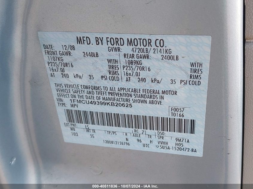 1FMCU49399KB20625 2009 Ford Escape Hybrid Limited