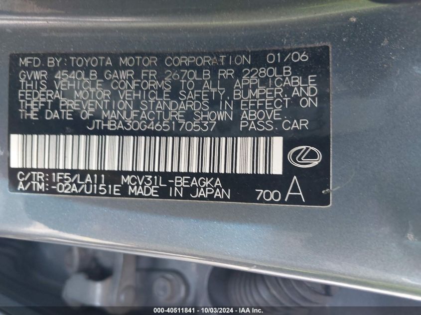 JTHBA30G465170537 2006 Lexus Es 330