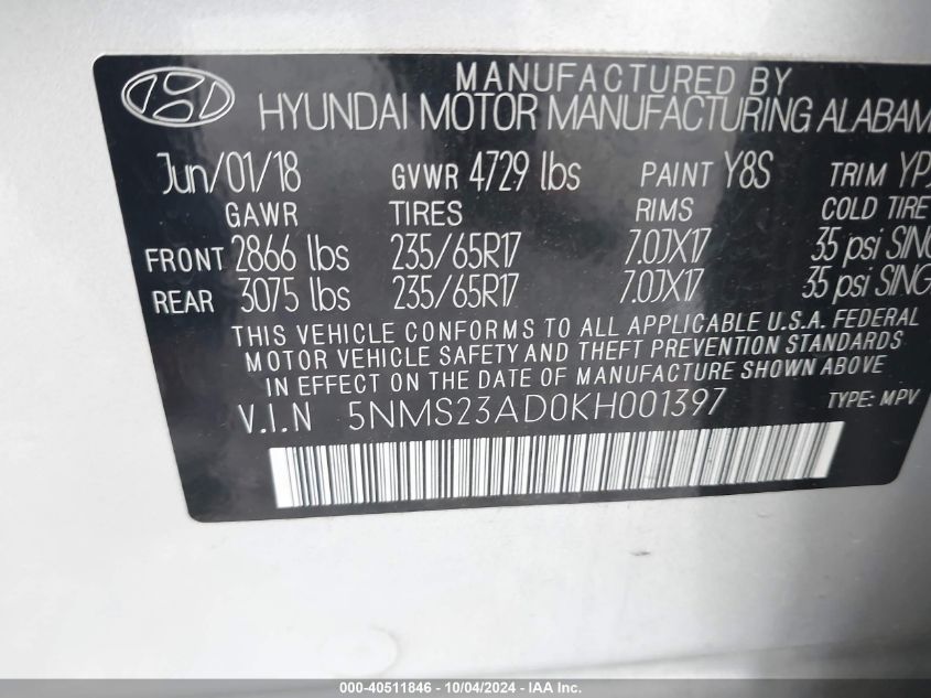 5NMS23AD0KH001397 2019 Hyundai Santa Fe Se