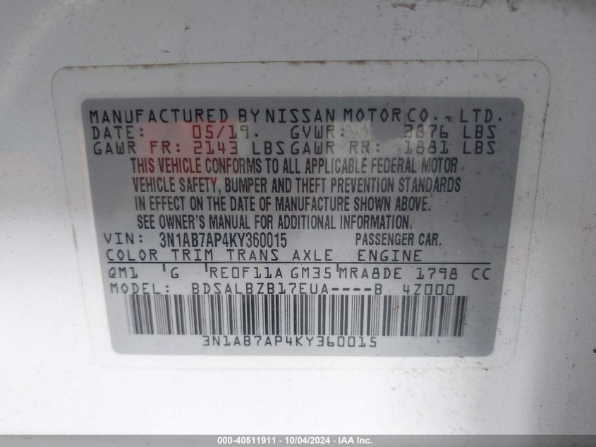 3N1AB7AP4KY360015 2019 Nissan Sentra S