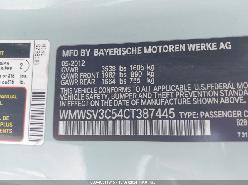 WMWSV3C54CT387445 2012 Mini Cooper S