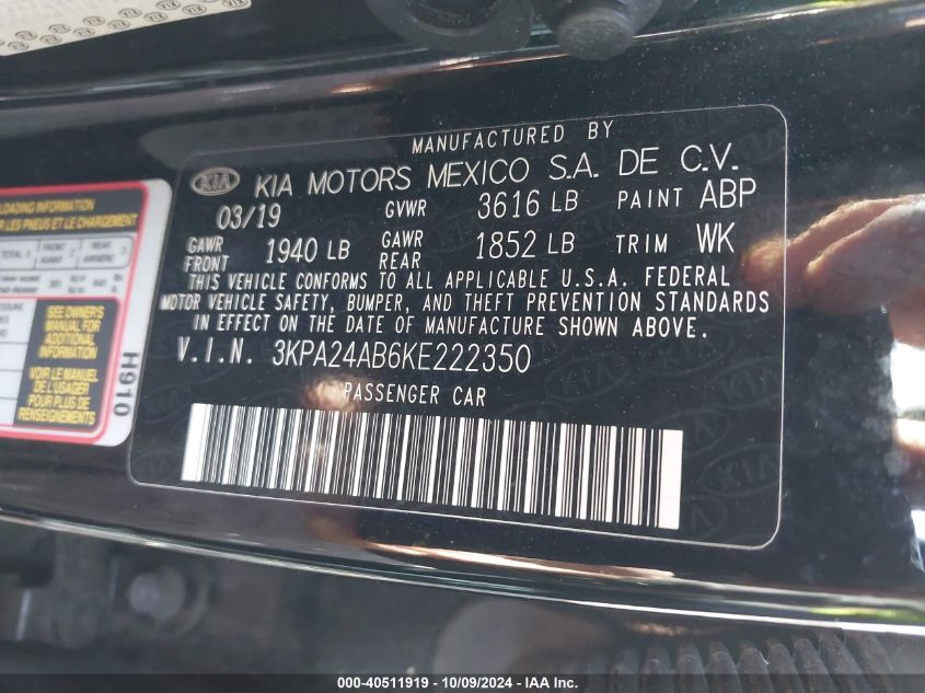 3KPA24AB6KE222350 2019 Kia Rio Lx