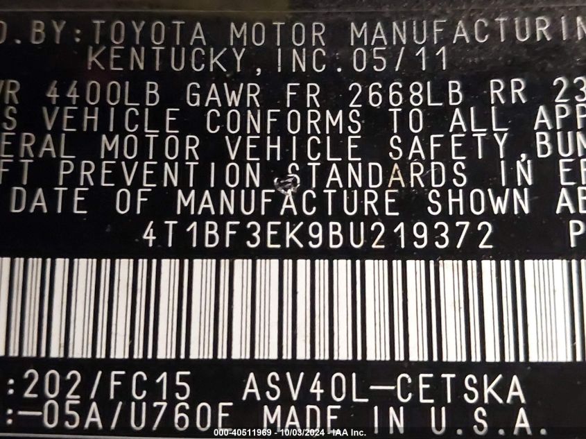 4T1BF3EK9BU219372 2011 Toyota Camry Se