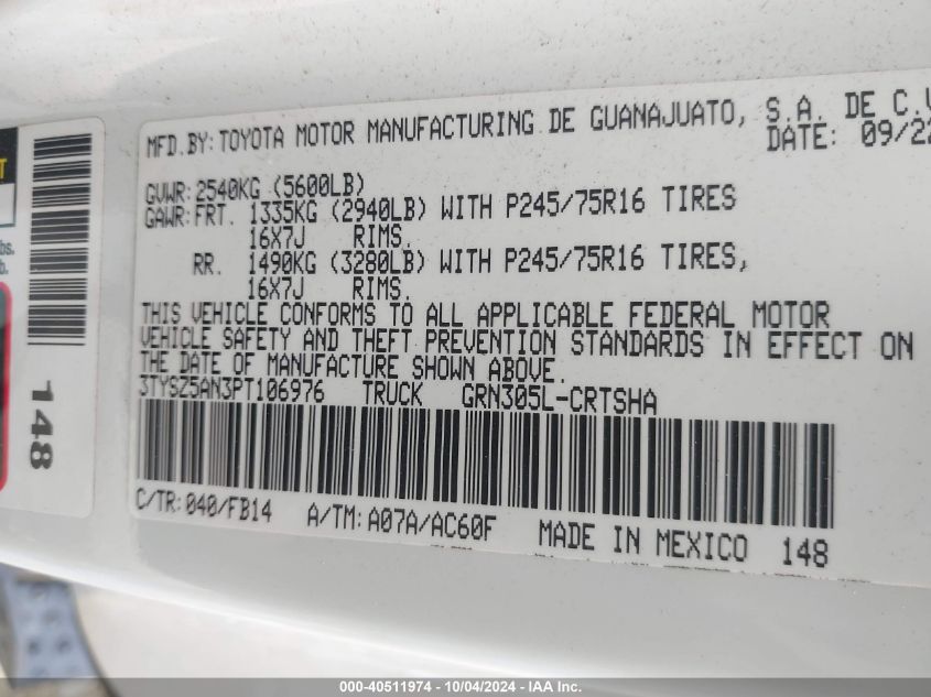 2023 Toyota Tacoma Sr V6 VIN: 3TYSZ5AN3PT106976 Lot: 40511974