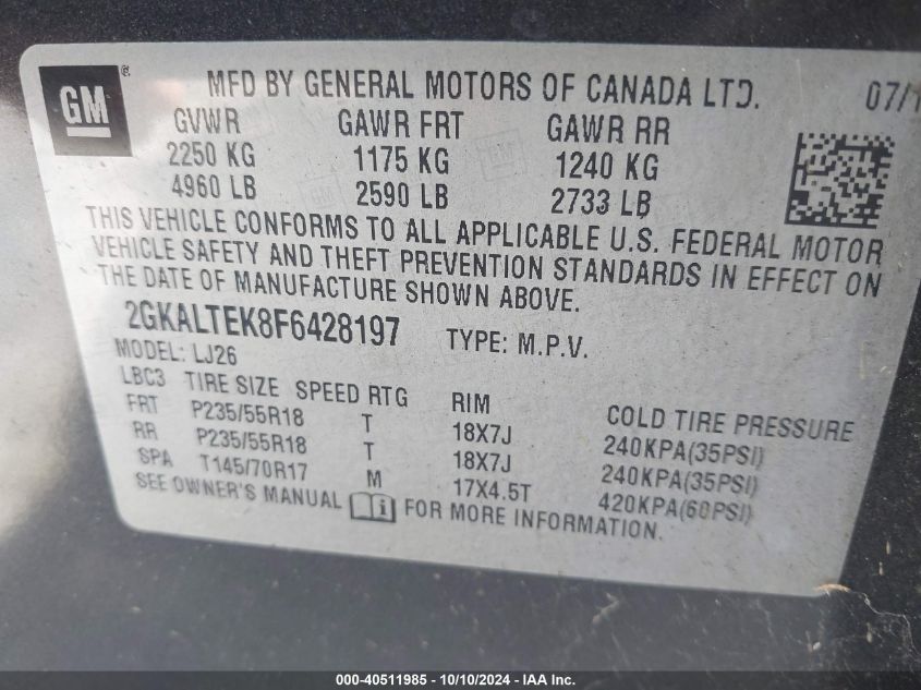 2015 GMC Terrain Slt-2 VIN: 2GKALTEK8F6428197 Lot: 40511985