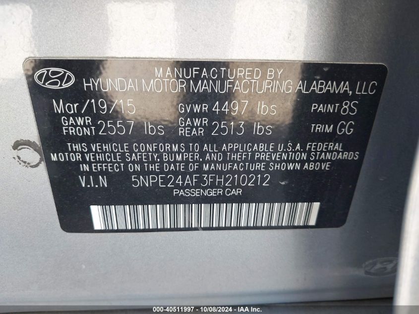 5NPE24AF3FH210212 2015 Hyundai Sonata Se