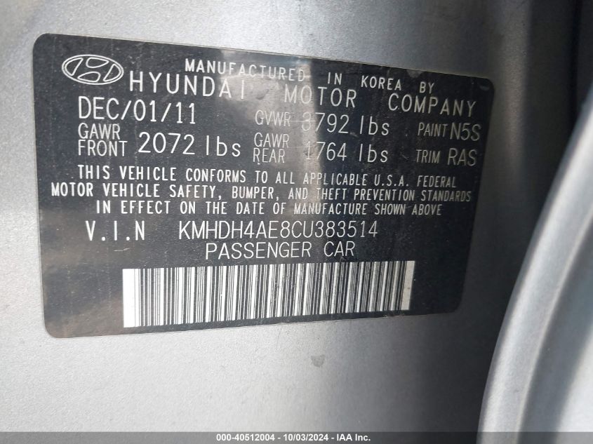 2012 Hyundai Elantra Gls (Ulsan Plant) VIN: KMHDH4AE8CU383514 Lot: 40512004