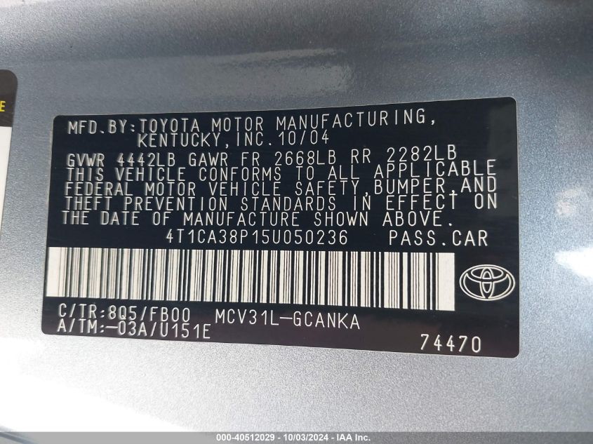 4T1CA38P15U050236 2005 Toyota Camry Solara Se V6