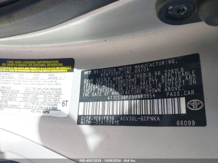 4T1CE38P75U983854 2005 Toyota Camry Solara Se