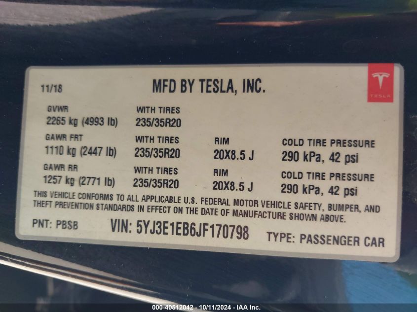 2018 Tesla Model 3 Long Range/Performance VIN: 5YJ3E1EB6JF170798 Lot: 40512042