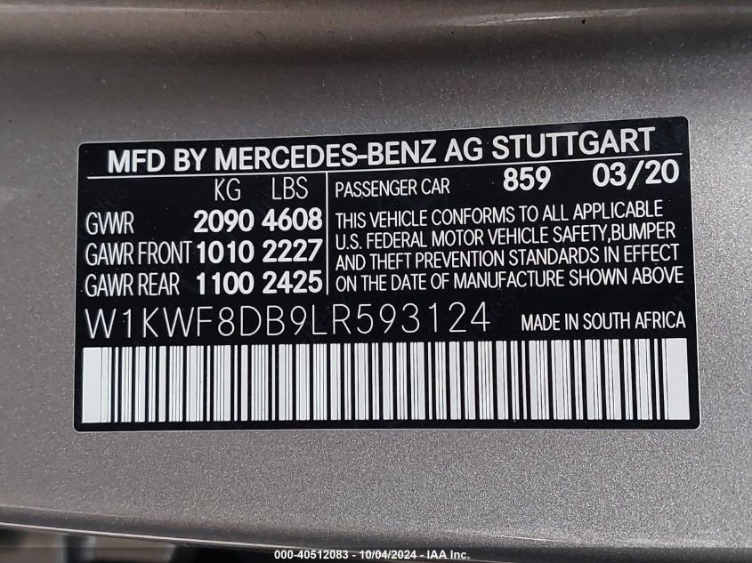 2020 Mercedes-Benz C 300 VIN: W1KWF8DB9LR593124 Lot: 40512083