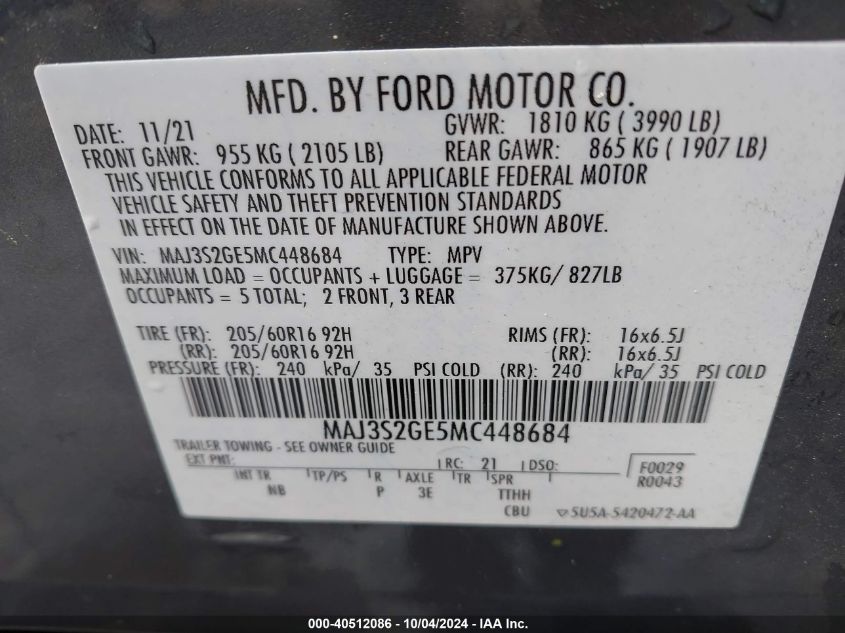 MAJ3S2GE5MC448684 2021 Ford Ecosport Se