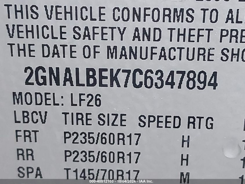 2GNALBEK7C6347894 2012 Chevrolet Equinox Ls