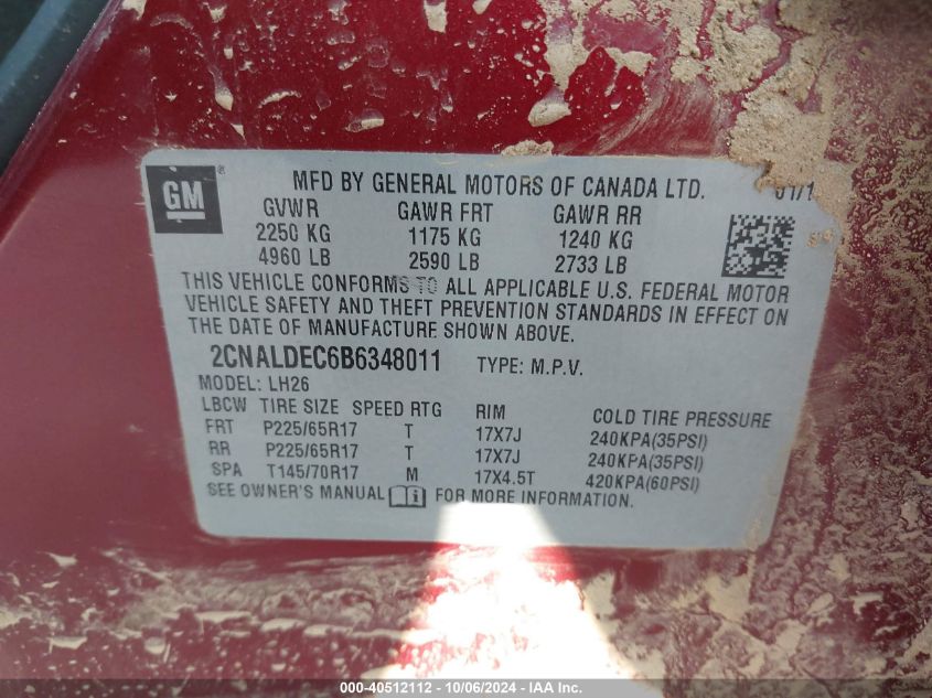 2CNALDEC6B6348011 2011 Chevrolet Equinox Lt