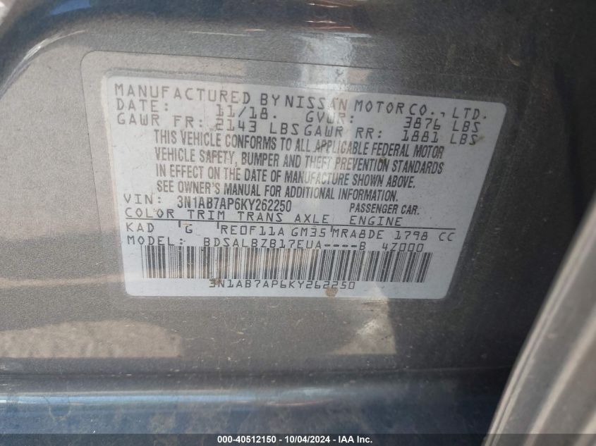 3N1AB7AP6KY262250 2019 Nissan Sentra S