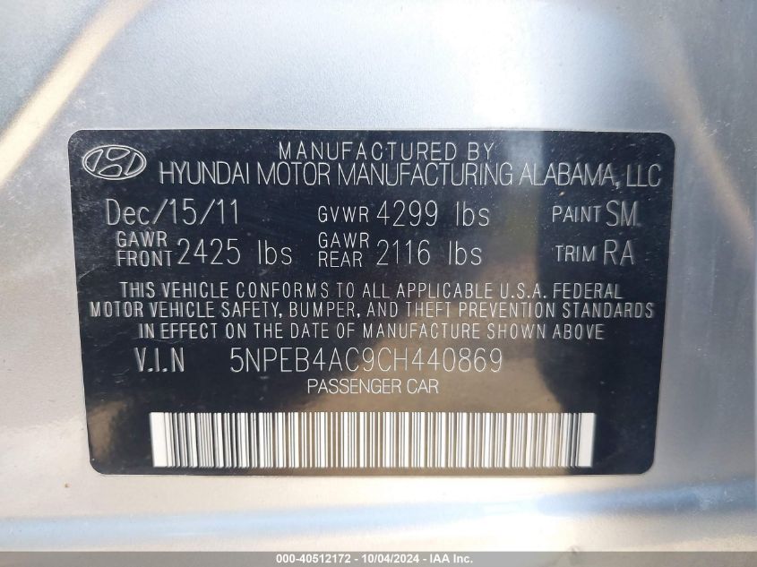 5NPEB4AC9CH440869 2012 Hyundai Sonata Gls