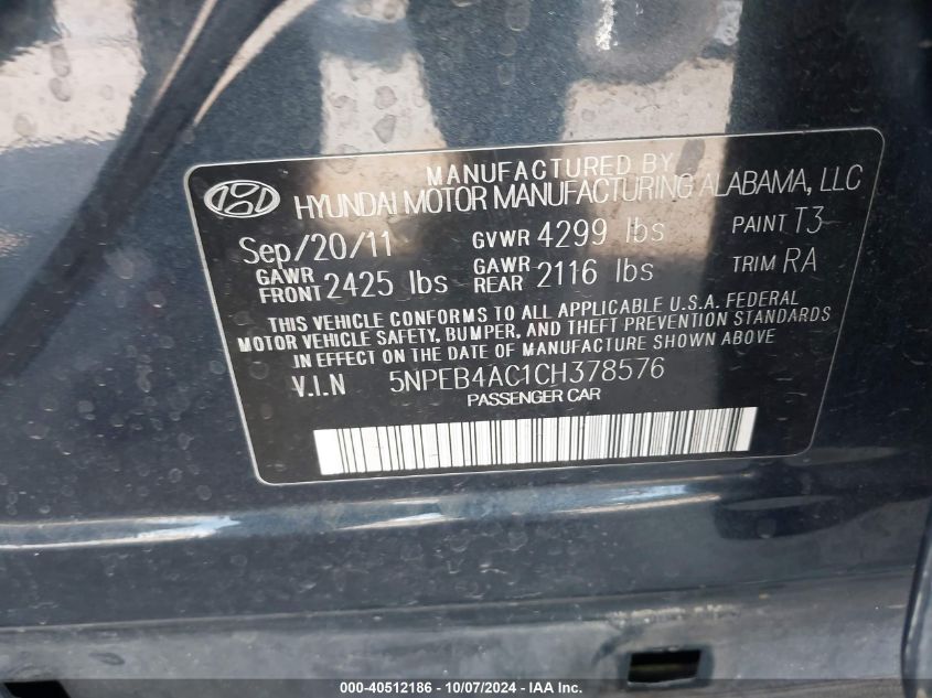 5NPEB4AC1CH378576 2012 Hyundai Sonata Gls