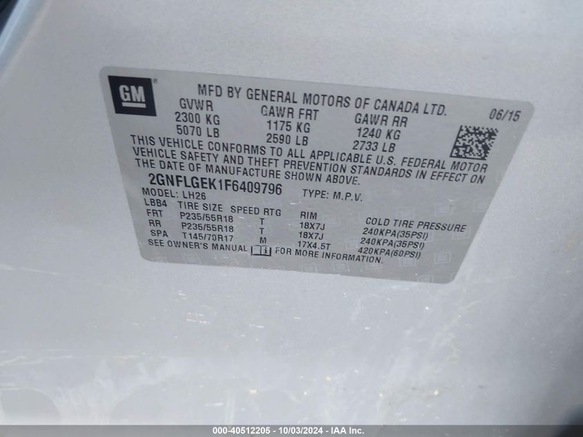 2GNFLGEK1F6409796 2015 Chevrolet Equinox 2Lt