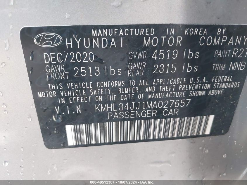 2021 Hyundai Sonata Sel VIN: KMHL34JJ1MA027657 Lot: 40512307