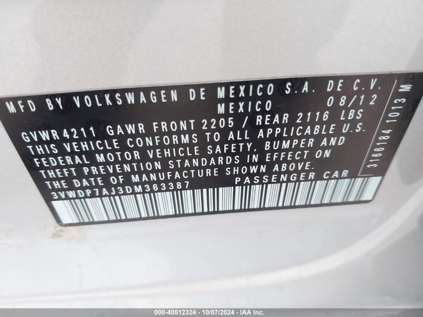 3VWDP7AJ3DM363387 2013 Volkswagen Jetta 2.5L Se