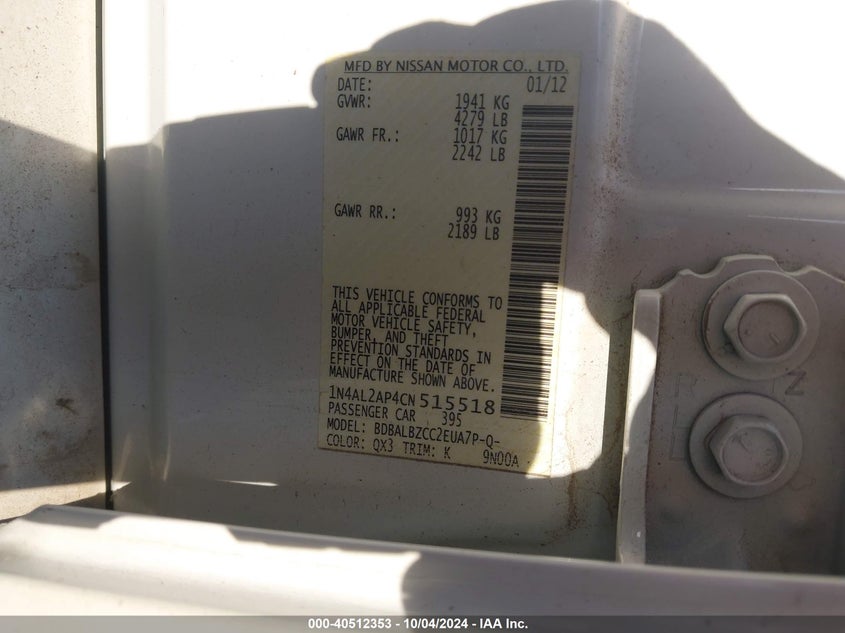 1N4AL2AP4CN515518 2012 Nissan Altima 2.5 S