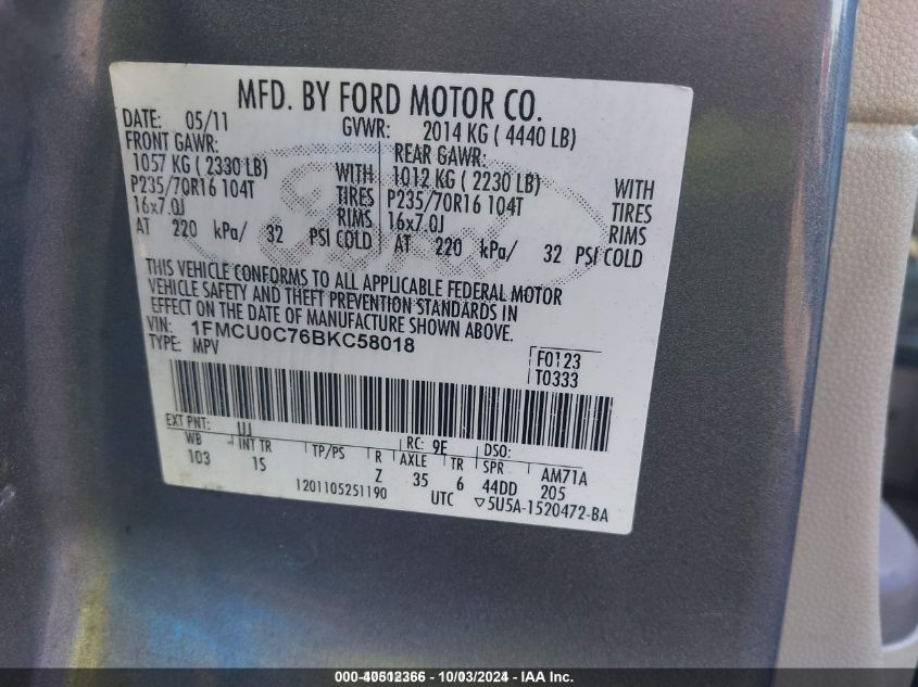 1FMCU0C76BKC58018 2011 Ford Escape Xls