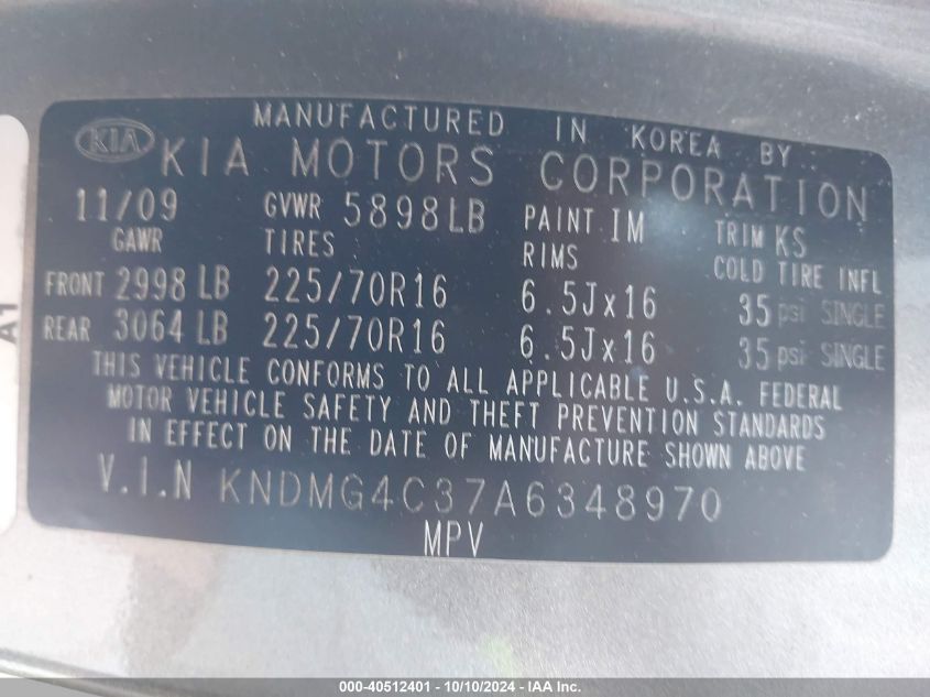 KNDMG4C37A6348970 2010 Kia Sedona Lx