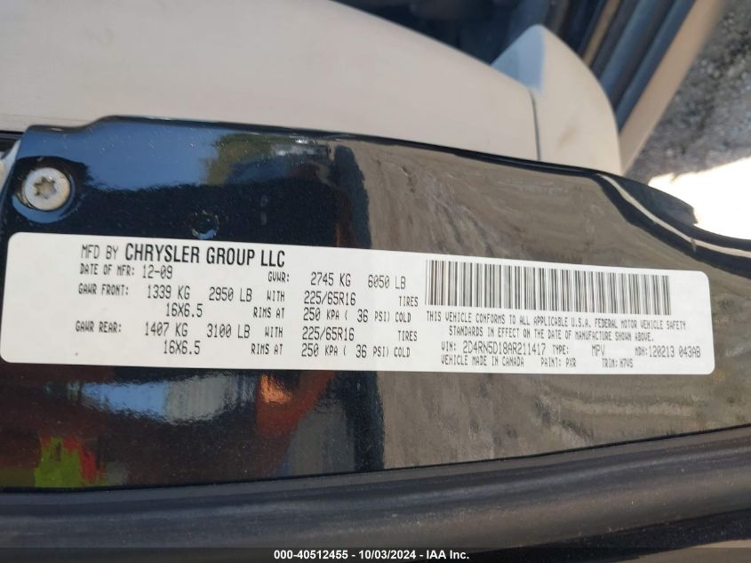 2010 Dodge Grand Caravan Sxt VIN: 2D4RN5D18AR211417 Lot: 40512455